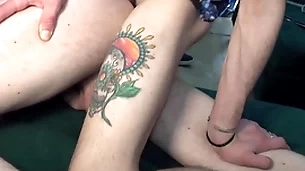 Two horny chavvy friends enjoy grabbing each other’s cocks on an obstacle sofa.