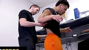 Young perps - security guard brings suspected black thief fro hammer away backroom for deep knuckle under search