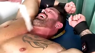 Muscular hunk endures bondage and bother on half naked setting up
