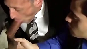 Bald bearded stud sucking duo cocks in an orgy