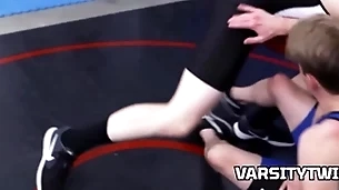 Wrestling twinks alone in an obstacle locker room