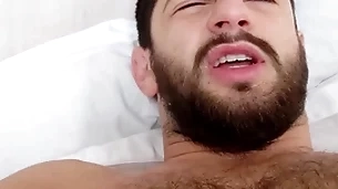In bed with a hairy hunk - morning wood hard uncut cock - musky ripe pits plus bedsheets