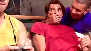 Hot guys fuck next to gaming friend