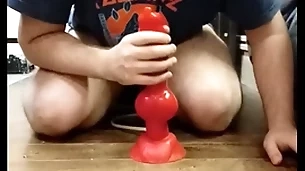 I play with my huge dilto and i cum in my chastity cage