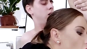 Hermaphroditical office babe fucked with regard to mmf 3some after deep sucking