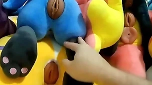 Fucking and cumming thither 6 plush pussies