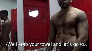 Uncut latino bareback in gym shower