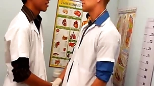 Uniformed twinks breeding asian patient in threesome for cum