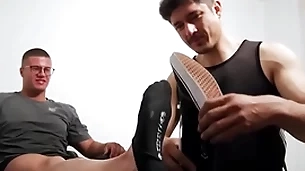Tall hunk with glasses foot worshipped by deviant homosexual
